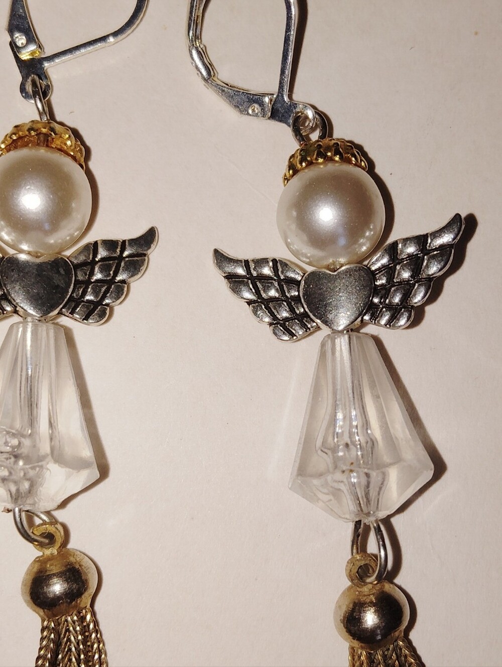 Pearl Angel Wing Tassel Earrings - White & Gold Wire Pierced Secure Clasp - Picture 2 of 4